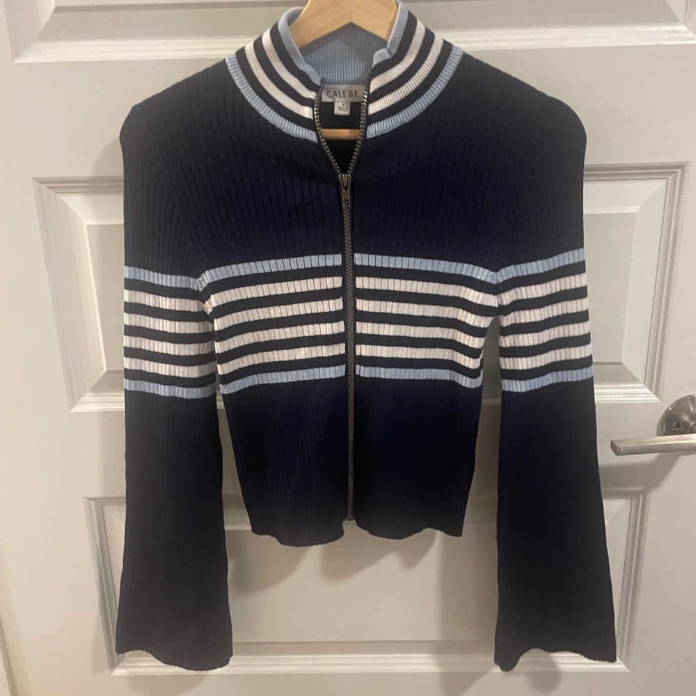 Women's Striped Sweater Jacket - Navy and Light Blue